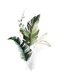 Watercolor of green leaves and gold details on white background-1
