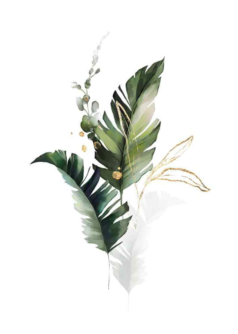 Watercolor of green leaves and gold details on white background-12