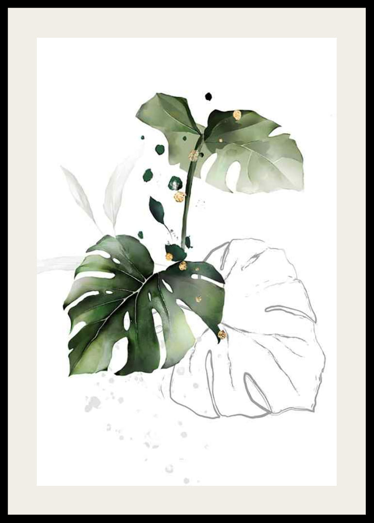 Watercolor of monstera leaves in green shades on white background-12