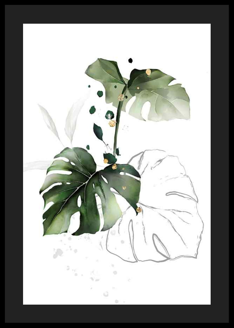 Watercolor of monstera leaves in green shades on white background-12