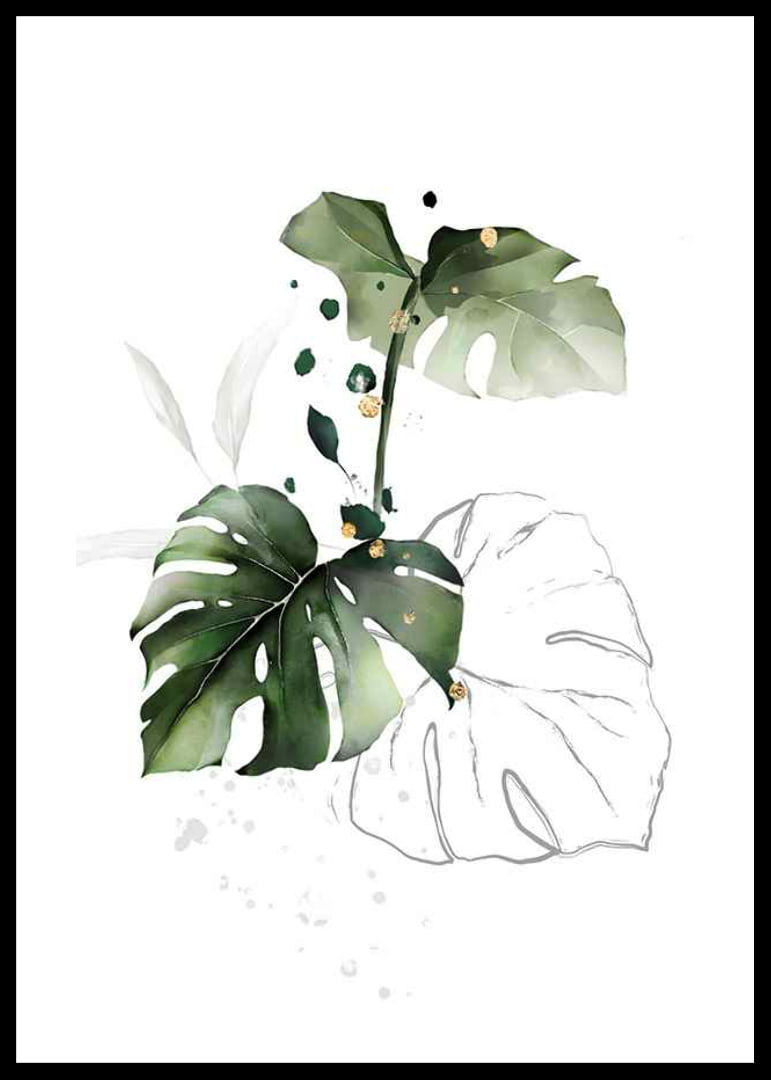 Watercolor of monstera leaves in green shades on white background-12