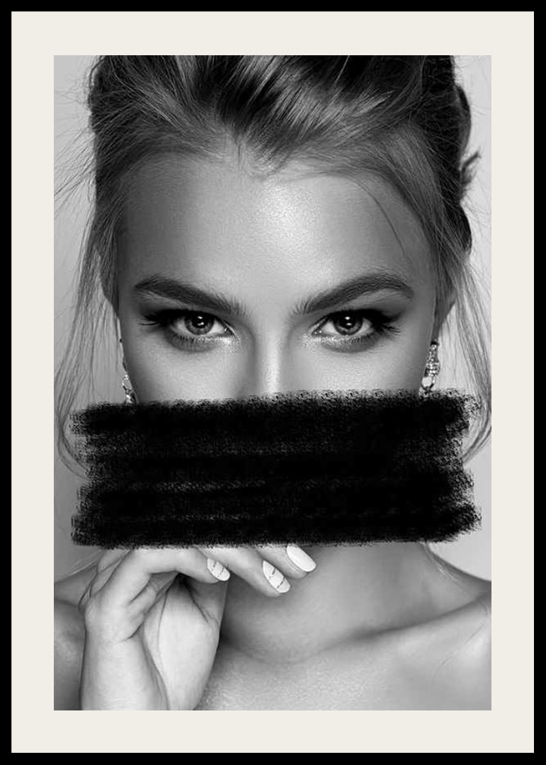 Black and white portrait of woman with black paint over mouth-12