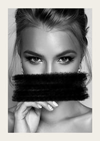 Black and white portrait of woman with black paint over mouth-3