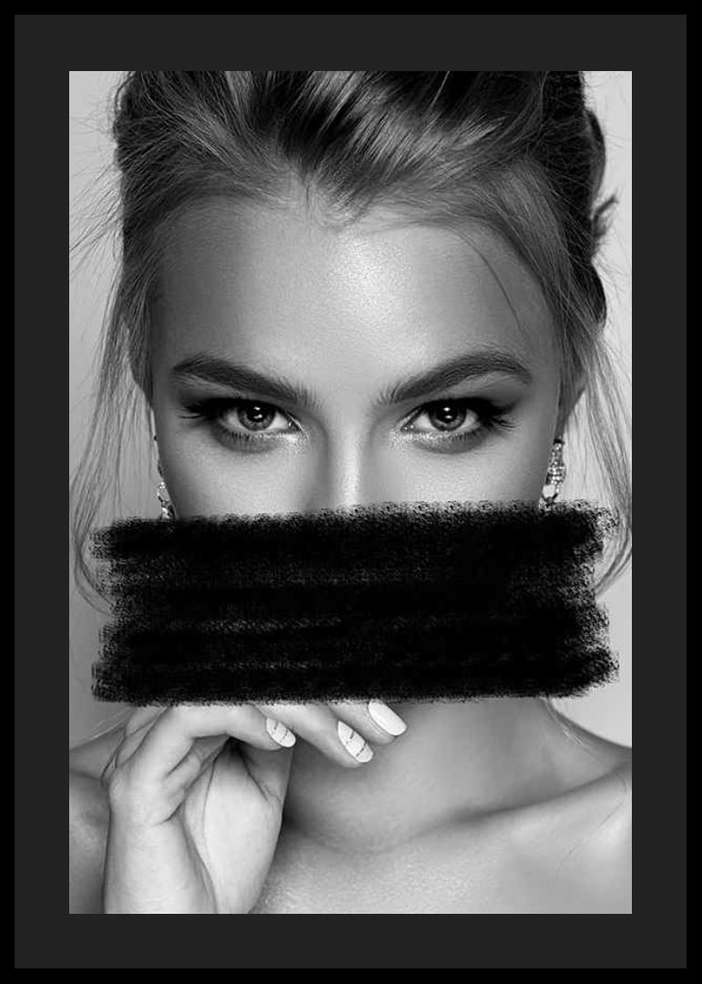 Black and white portrait of woman with black paint over mouth-12
