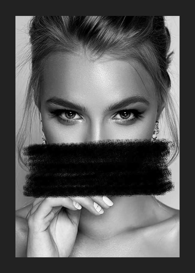 Black and white portrait of woman with black paint over mouth-12