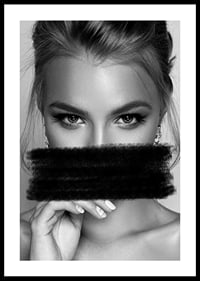 Black and white portrait of woman with black paint over mouth-0
