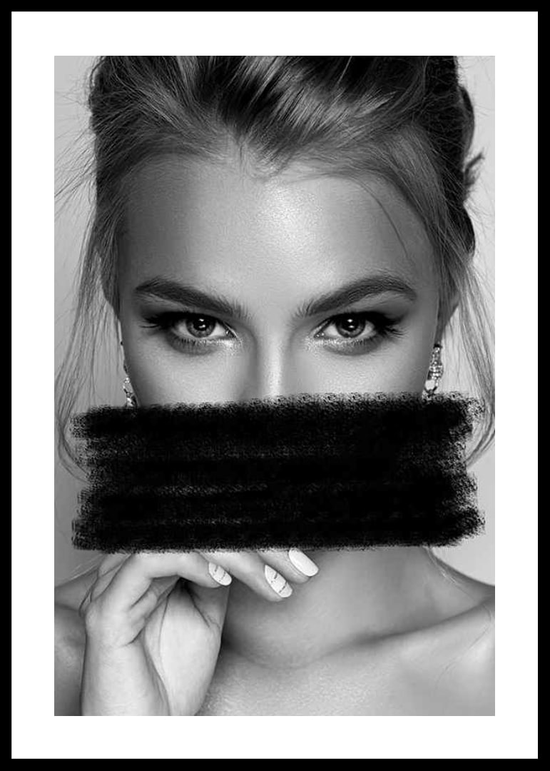 Black and white portrait of woman with black paint over mouth-12