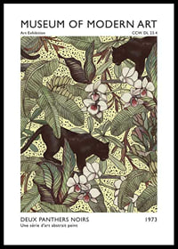 Illustration with two black panthers among large leaves and orchids-0