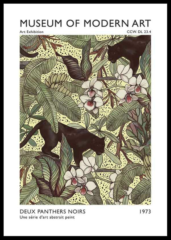 Illustration with two black panthers among large leaves and orchids-12