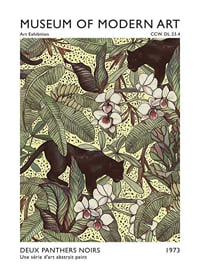 Illustration with two black panthers among large leaves and orchids-1
