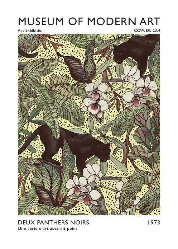 Illustration with two black panthers among large leaves and orchids-12