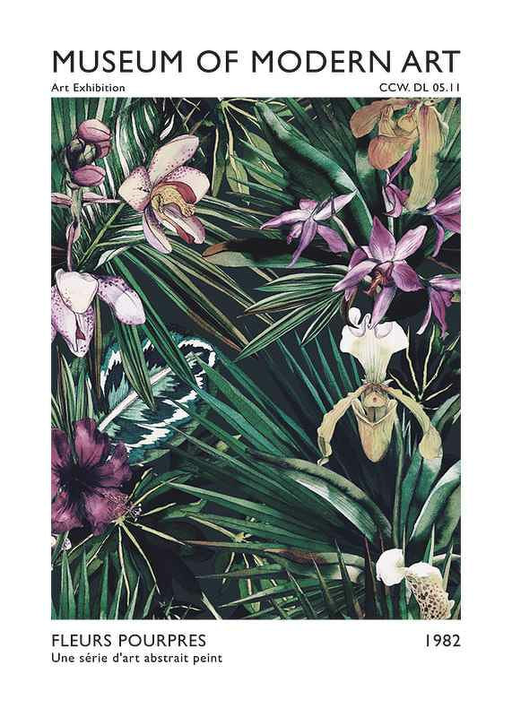 Illustration av exotiska lila orkidéer och gröna blad-12
