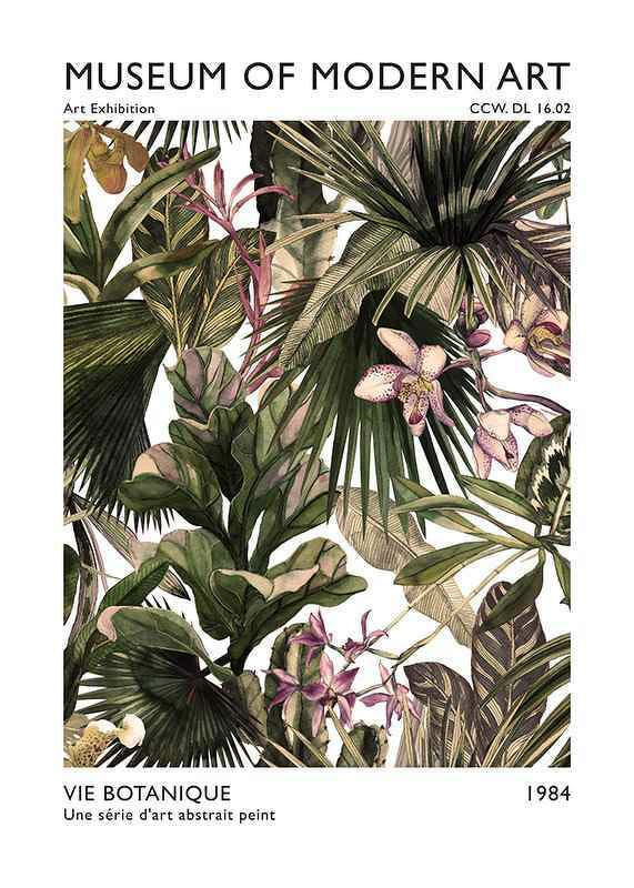 Botanical illustration of green leaves and orchids in soft colors-12