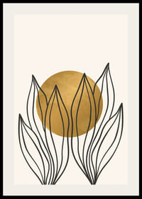 Acquerello astratto con contorni di foglie nere e cerchio giallo-2