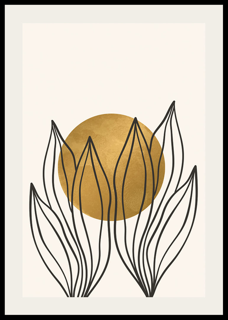 Acquerello astratto con contorni di foglie nere e cerchio giallo-12