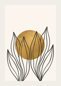 Acquerello astratto con contorni di foglie nere e cerchio giallo-3