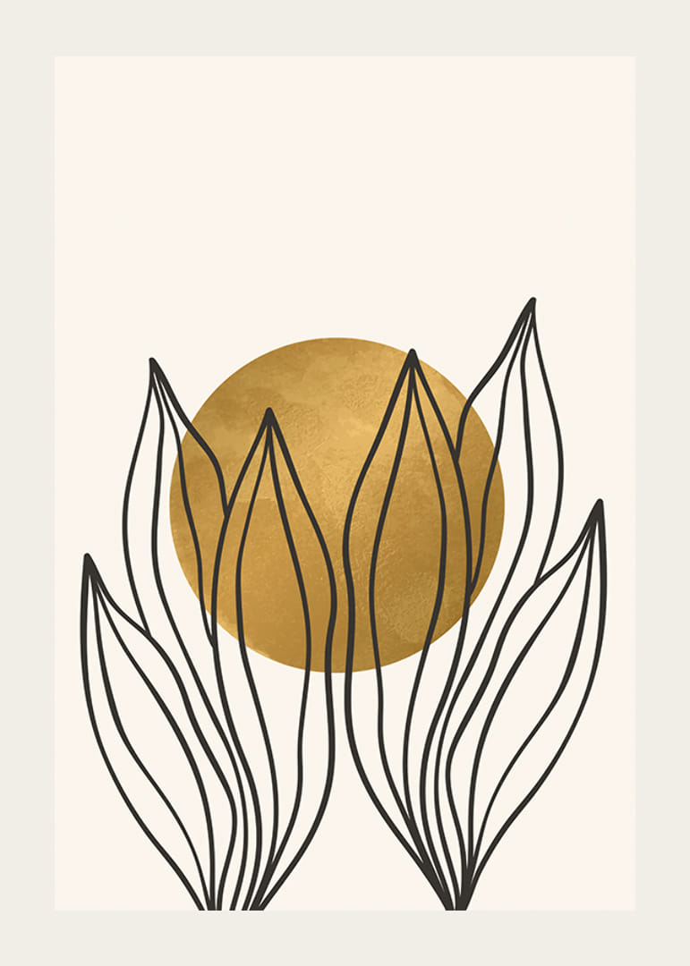 Acquerello astratto con contorni di foglie nere e cerchio giallo-12