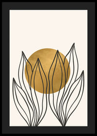 Acquerello astratto con contorni di foglie nere e cerchio giallo-4