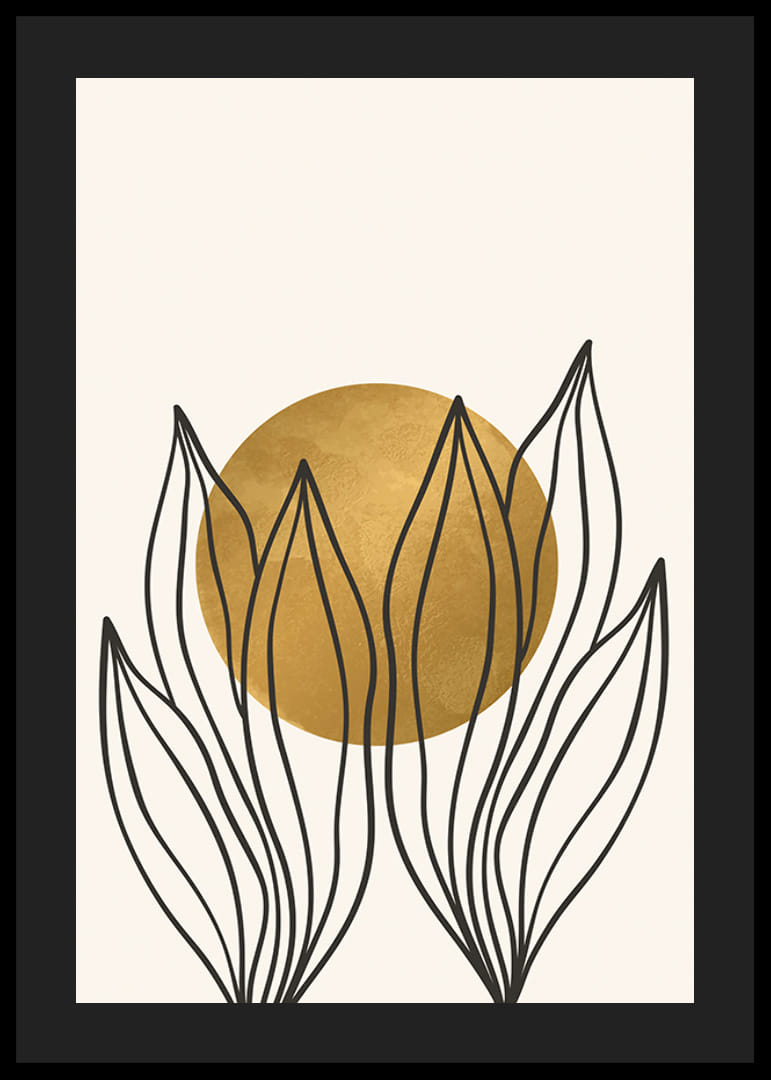 Acquerello astratto con contorni di foglie nere e cerchio giallo-12