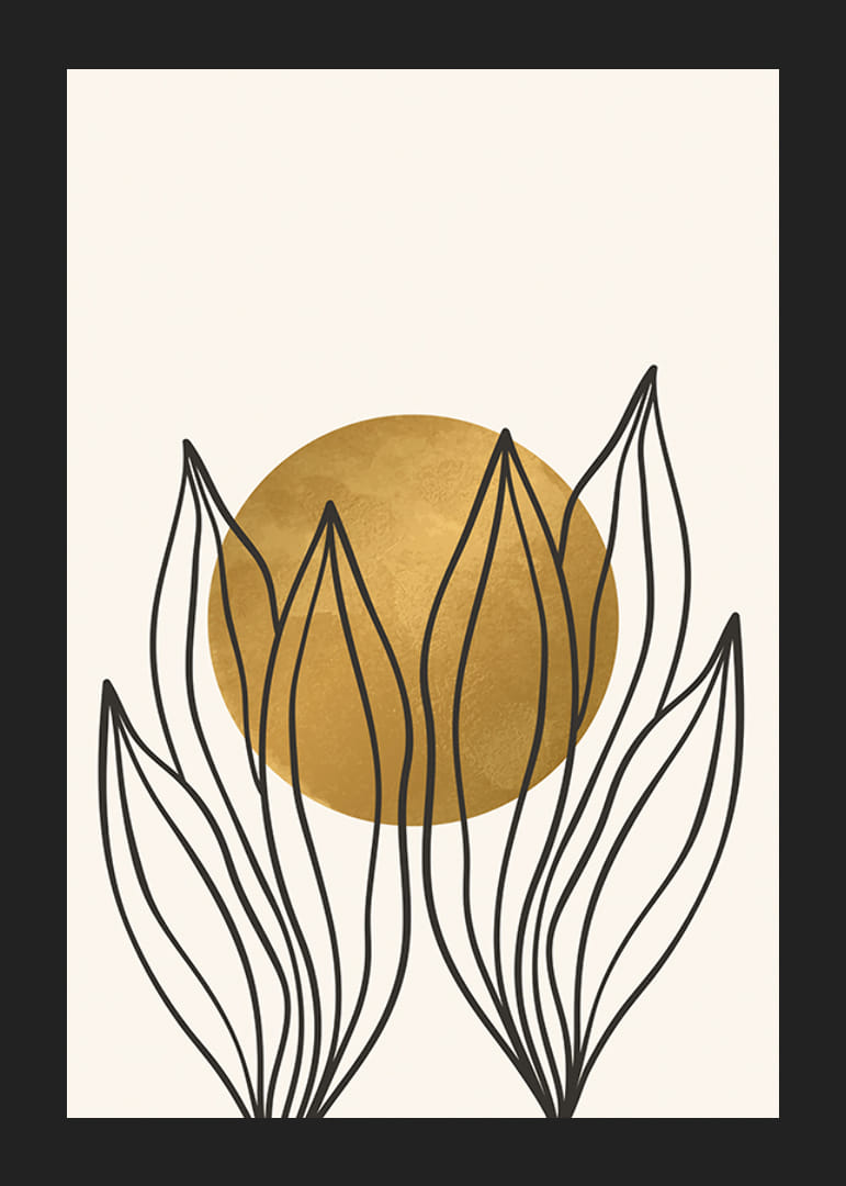 Acquerello astratto con contorni di foglie nere e cerchio giallo-12