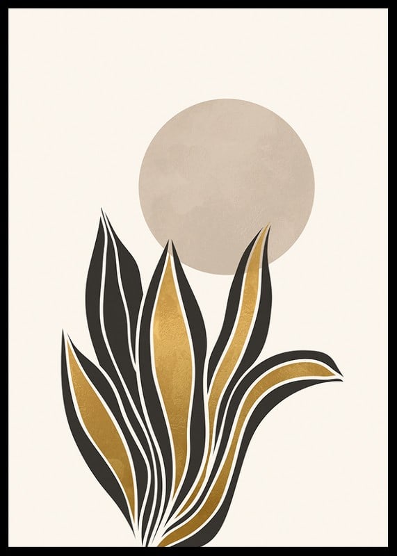 Acuarela abstracta de hojas en negro y dorado sobre un círculo beige.-12