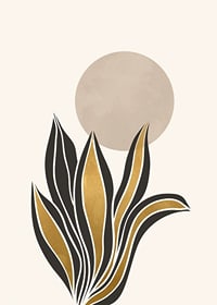Acuarela abstracta de hojas en negro y dorado sobre un círculo beige.-7