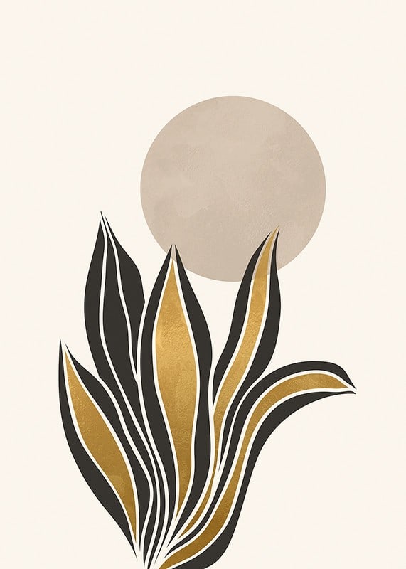 Acuarela abstracta de hojas en negro y dorado sobre un círculo beige.-12
