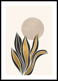 Acuarela abstracta de hojas en negro y dorado sobre un círculo beige.-0