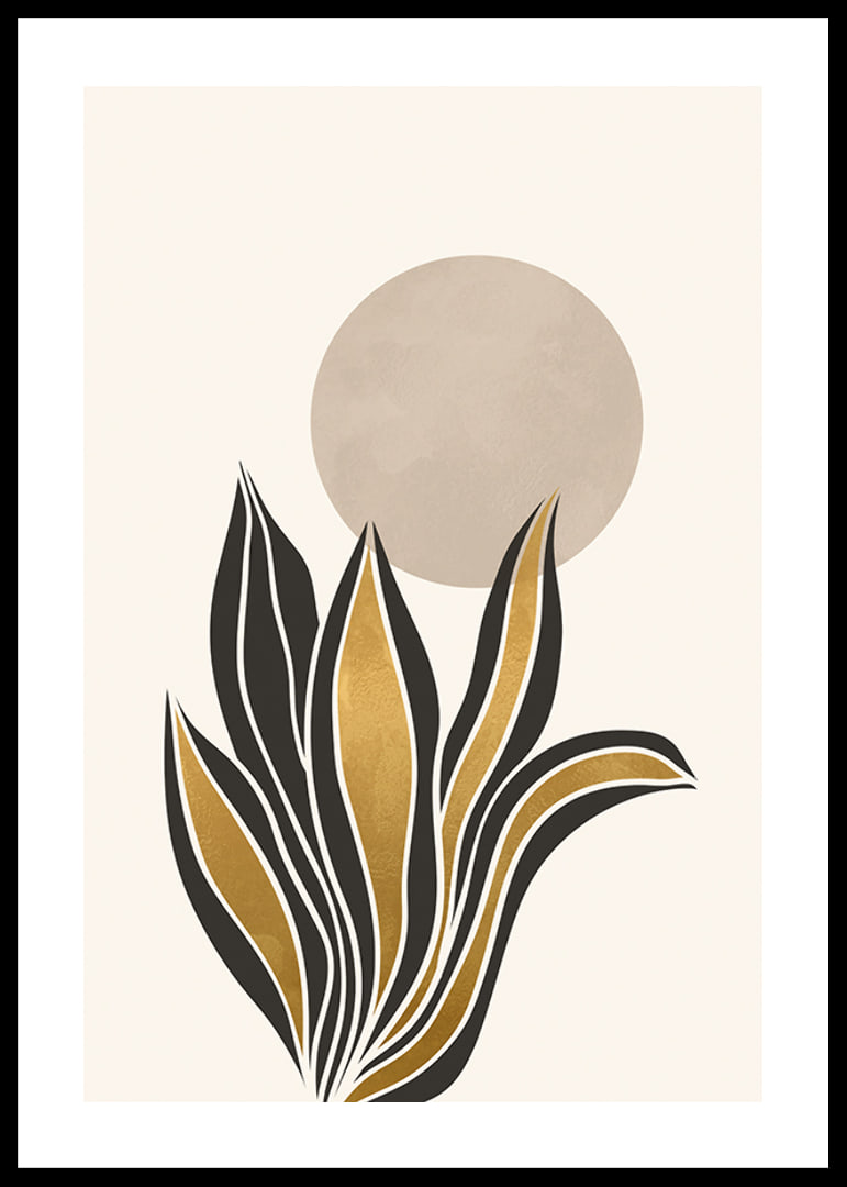 Acuarela abstracta de hojas en negro y dorado sobre un círculo beige.-12