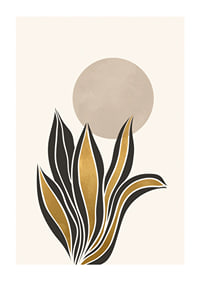 Acuarela abstracta de hojas en negro y dorado sobre un círculo beige.-1