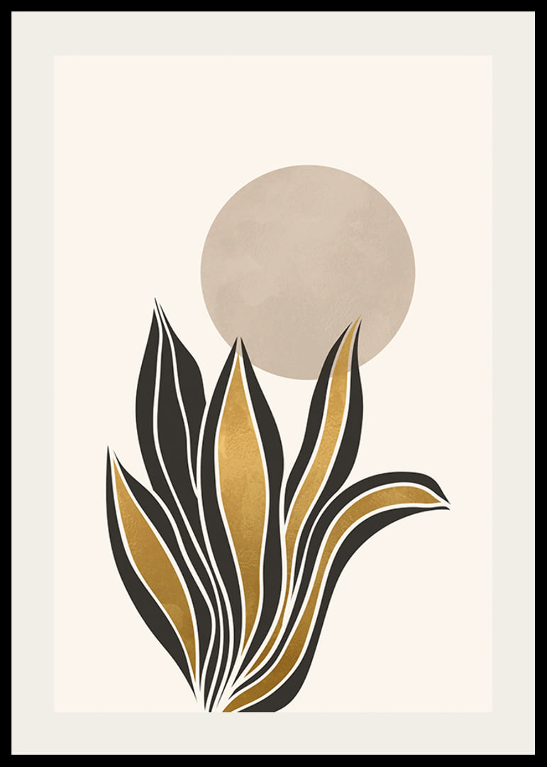 Acuarela abstracta de hojas en negro y dorado sobre un círculo beige.-12