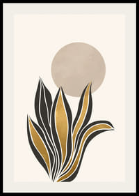 Acuarela abstracta de hojas en negro y dorado sobre un círculo beige.-2