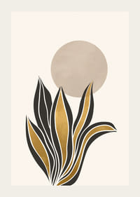 Acuarela abstracta de hojas en negro y dorado sobre un círculo beige.-3