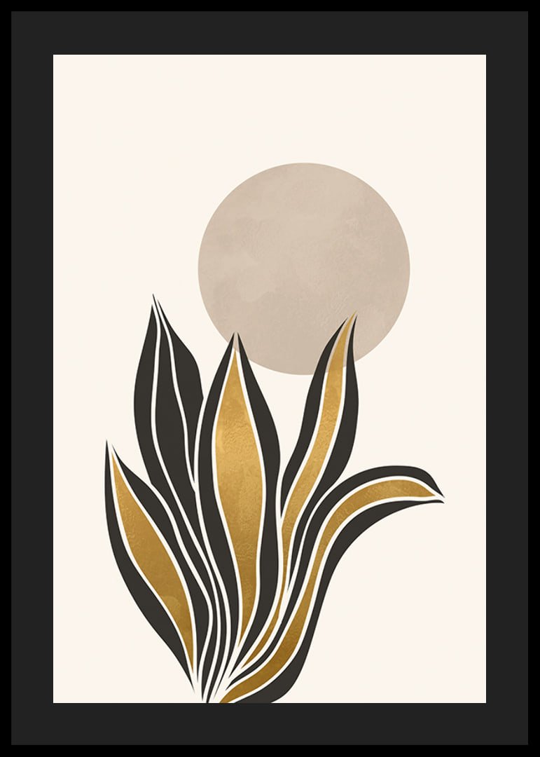 Acuarela abstracta de hojas en negro y dorado sobre un círculo beige.-12