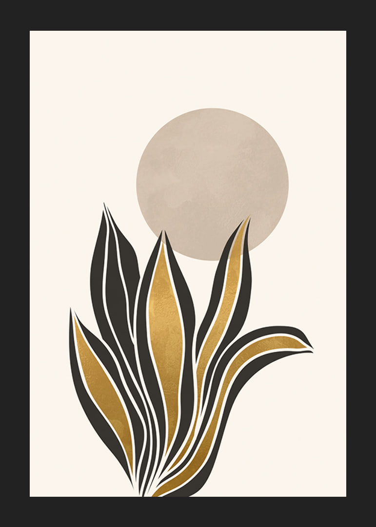 Acuarela abstracta de hojas en negro y dorado sobre un círculo beige.-12