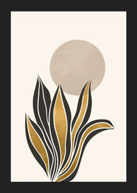 Acuarela abstracta de hojas en negro y dorado sobre un círculo beige.-5