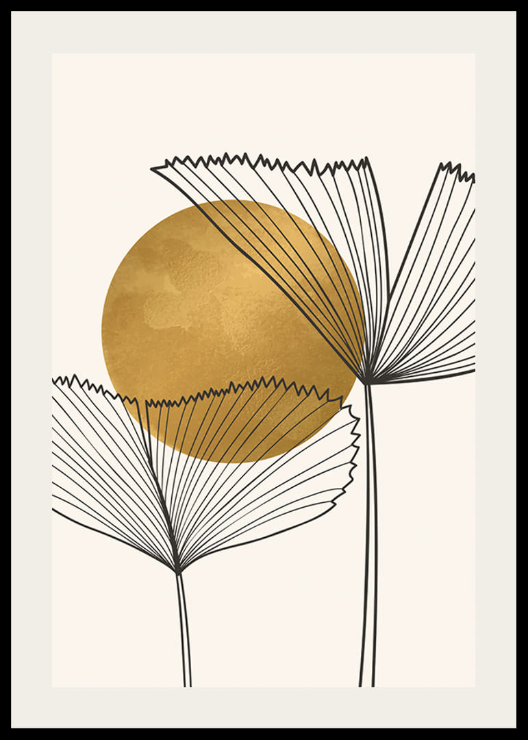 Aquarelle abstraite avec des feuilles aux lignes noires et un cercle de couleur dorée-12