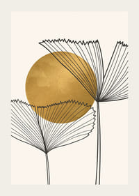 Aquarelle abstraite avec des feuilles aux lignes noires et un cercle de couleur dorée-3