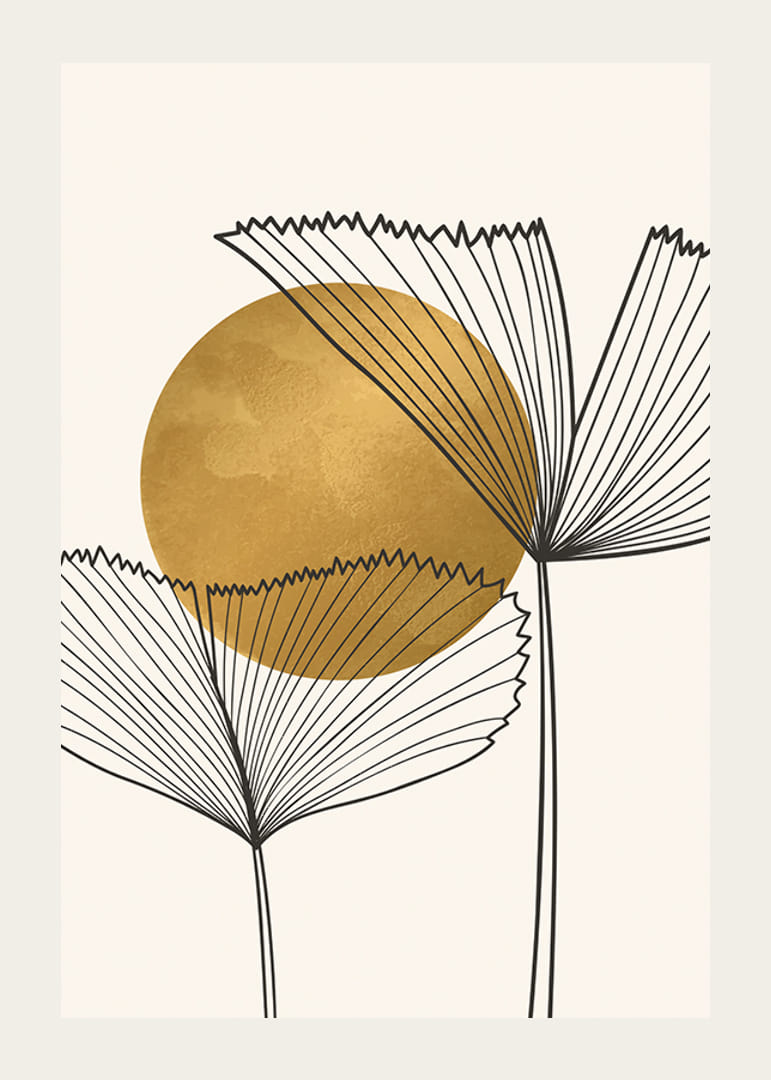 Aquarelle abstraite avec des feuilles aux lignes noires et un cercle de couleur dorée-12