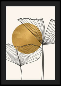 Aquarelle abstraite avec des feuilles aux lignes noires et un cercle de couleur dorée-4