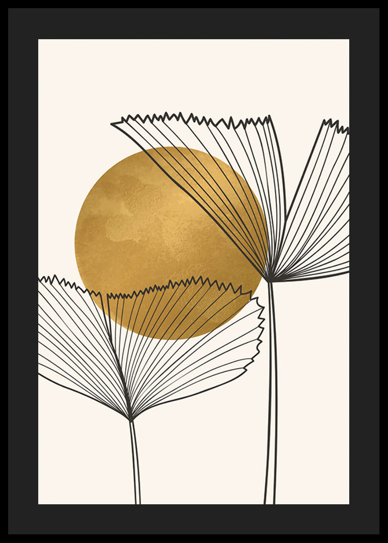 Aquarelle abstraite avec des feuilles aux lignes noires et un cercle de couleur dorée-12