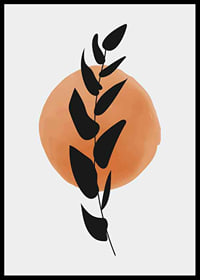 Abstract black leaf branch against circle in orange watercolor-6