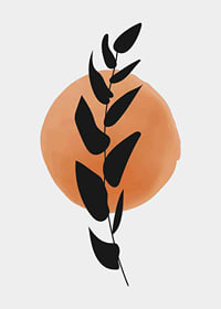 Abstract black leaf branch against circle in orange watercolor-7