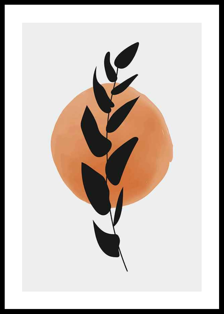 Abstract black leaf branch against circle in orange watercolor-12