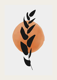 Abstract black leaf branch against circle in orange watercolor-3