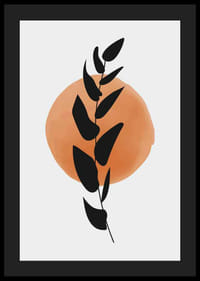 Abstrakt svart bladgren mot cirkel i orange akvarell-4