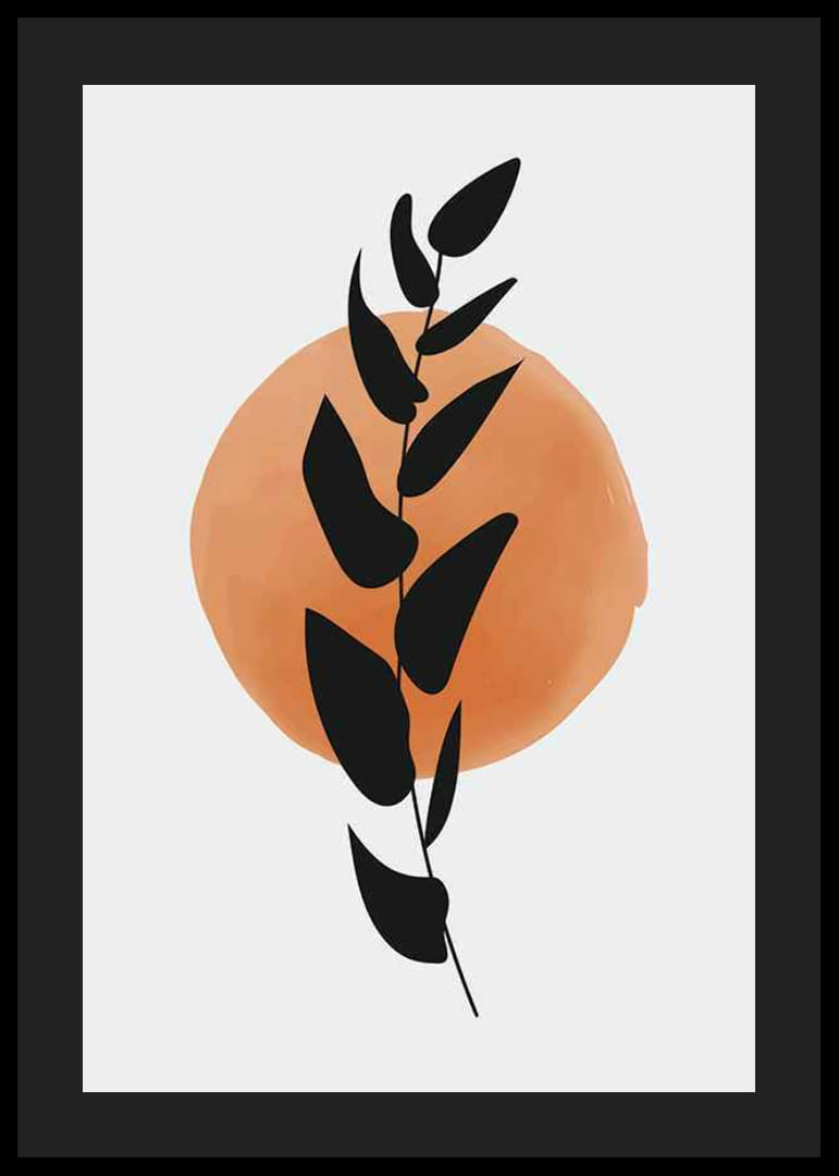 Abstrakt svart bladgren mot cirkel i orange akvarell-12