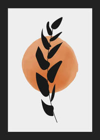 Abstrakt svart bladgren mot cirkel i orange akvarell-5