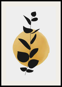 Branche abstraite avec des feuilles noires sur fond aquarelle jaune-2