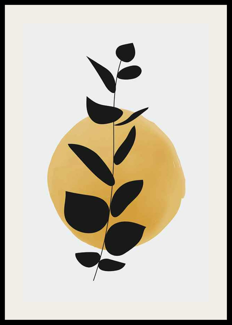 Branche abstraite avec des feuilles noires sur fond aquarelle jaune-12